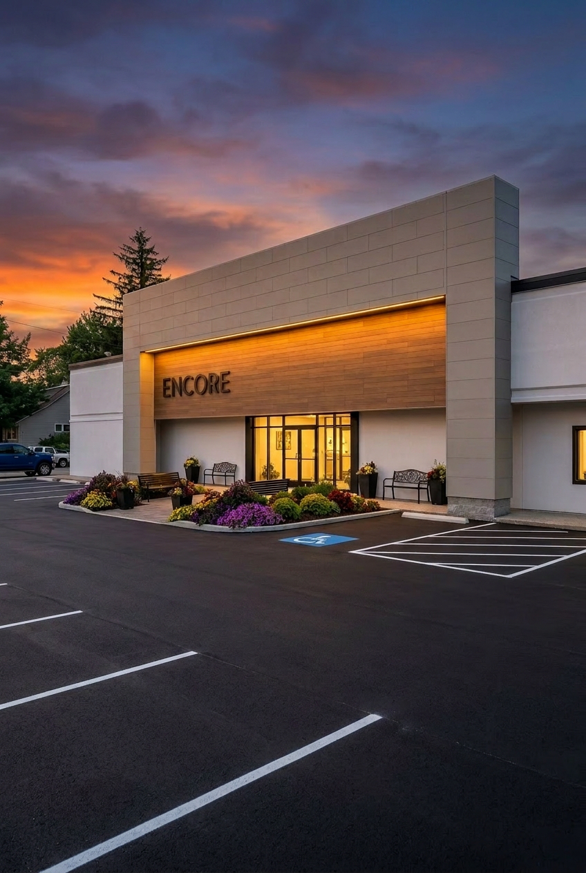 ENCORE Catering & Banquet Center exterior at sunset